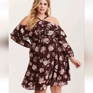 Torrid Wine Floral Cold Shoulder Midi Ruffle Dress - Size 10